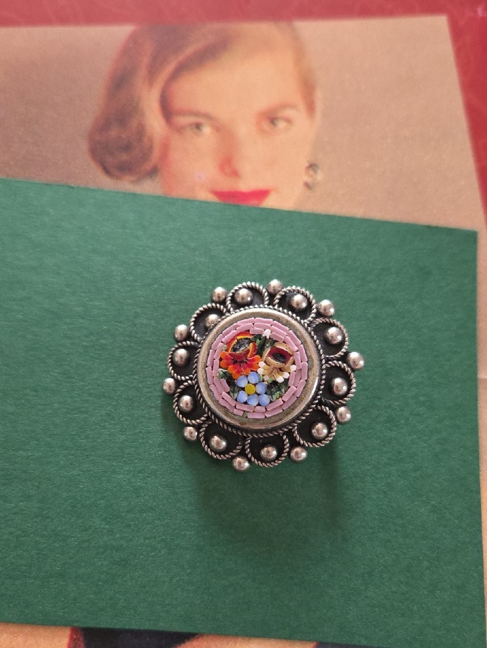 Floral Mosaic Pink Micro-Mosaic Silver Brooch